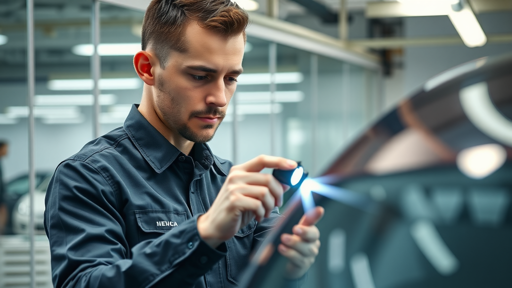 ceramic pro elite dealer technician inspecting ceramic coated car surface with LED light in Orange County auto detailing shop