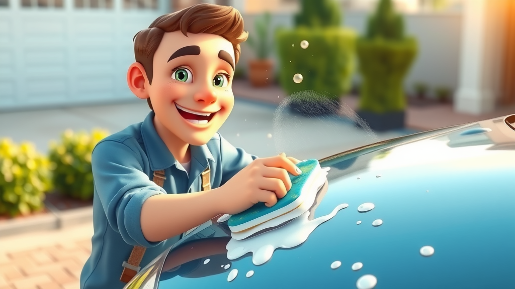 Happy car owner washing ceramic-coated car and maintaining protection on their car ceramic coating process