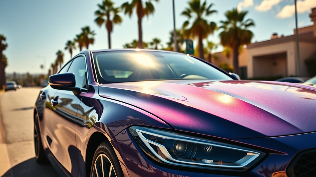 auto paint protection orange california - Pristine modern sedan with perfect paint protected by ceramic coating and paint protection film in sunny Orange County neighborhood