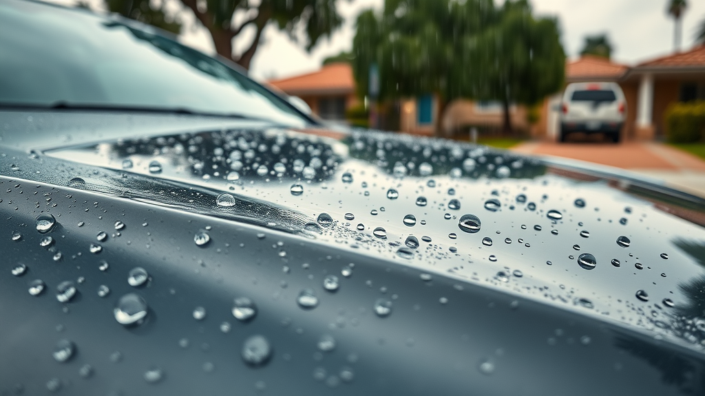 Routine auto detailing Orange CA hydrophobic protection effect on glossy car paint in suburb