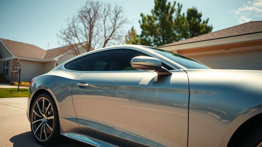 sleek car with ceramic coating reflecting morning sunlight and protected surface, paint protection, side profile, driveway
