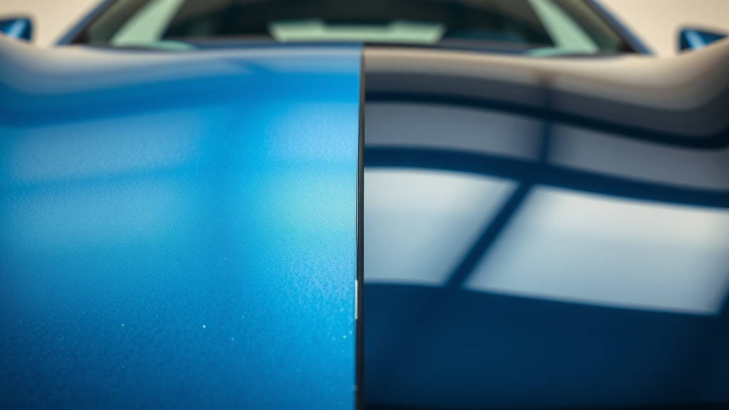 Closeup showing difference in gloss between properly prepped and neglected paint surfaces before car ceramic coating process