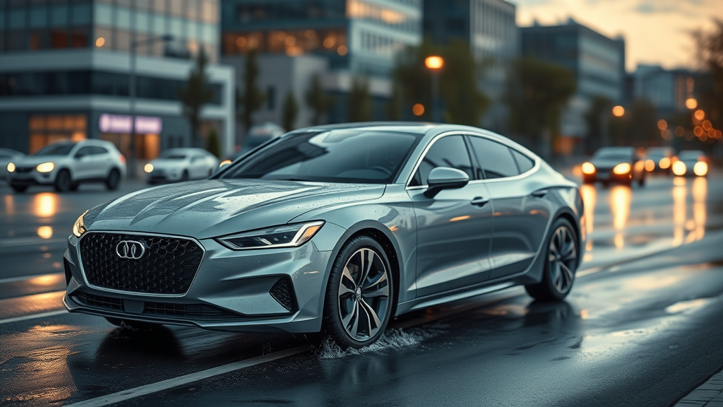 Sleek modern sedan demonstrating water and dirt repellency after the car ceramic coating process in a cityscape background