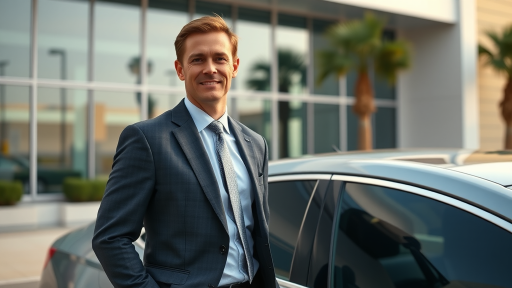 Satisfied Orange County professional with showroom clean car from auto detailing Orange CA