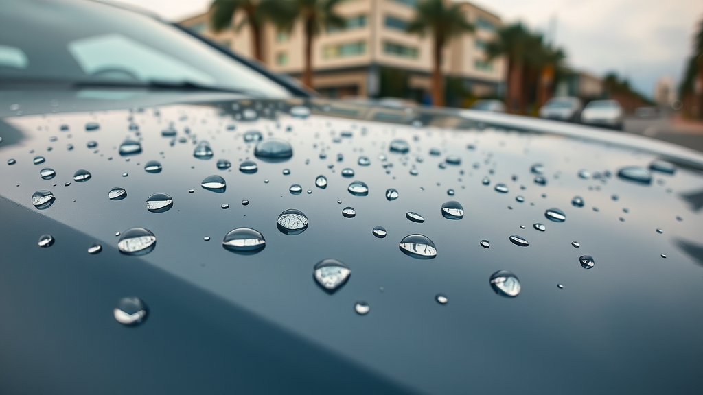 ceramic coat hydrophobic water beads UV protection orange county car hood macro closeup