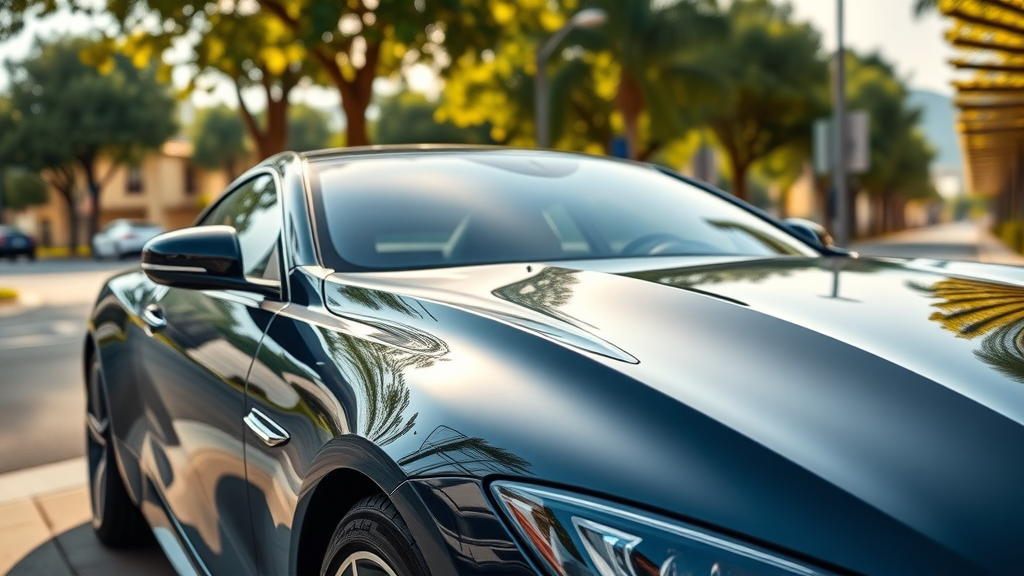 Immaculate auto detailing Orange CA luxury car with mirror-like finish on photorealistic Orange County street