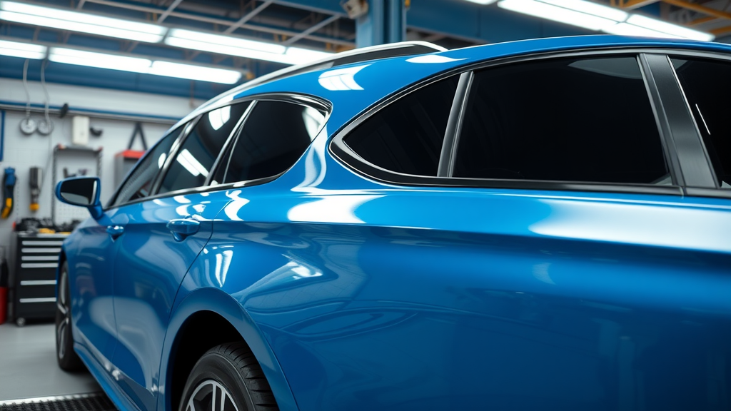 vehicle with ceramic coating and window tint in modern Orange County service center, glossy paint, dark glass