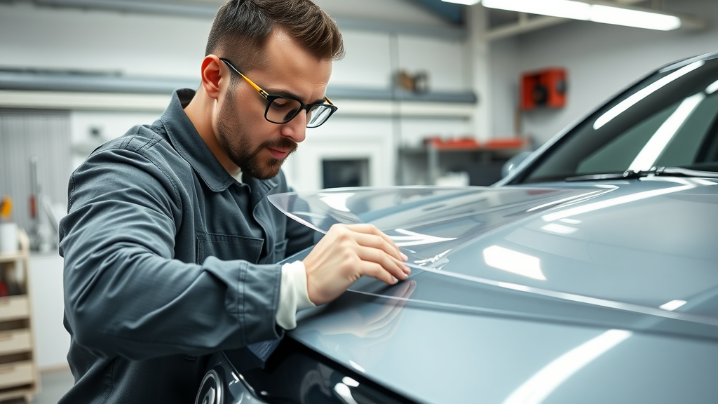 auto paint protection orange california - Applying high quality transparent paint protection film on a vehicle hood in professional Orange County shop