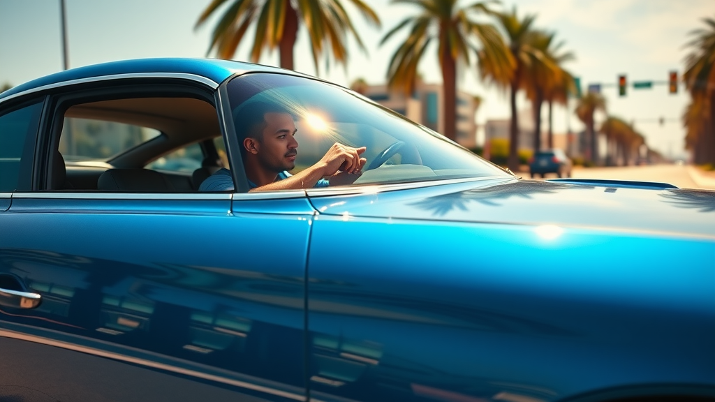 auto paint protection orange california - Vehicle with window tint and glossy paint, sunlight reflecting, Orange CA street with palms