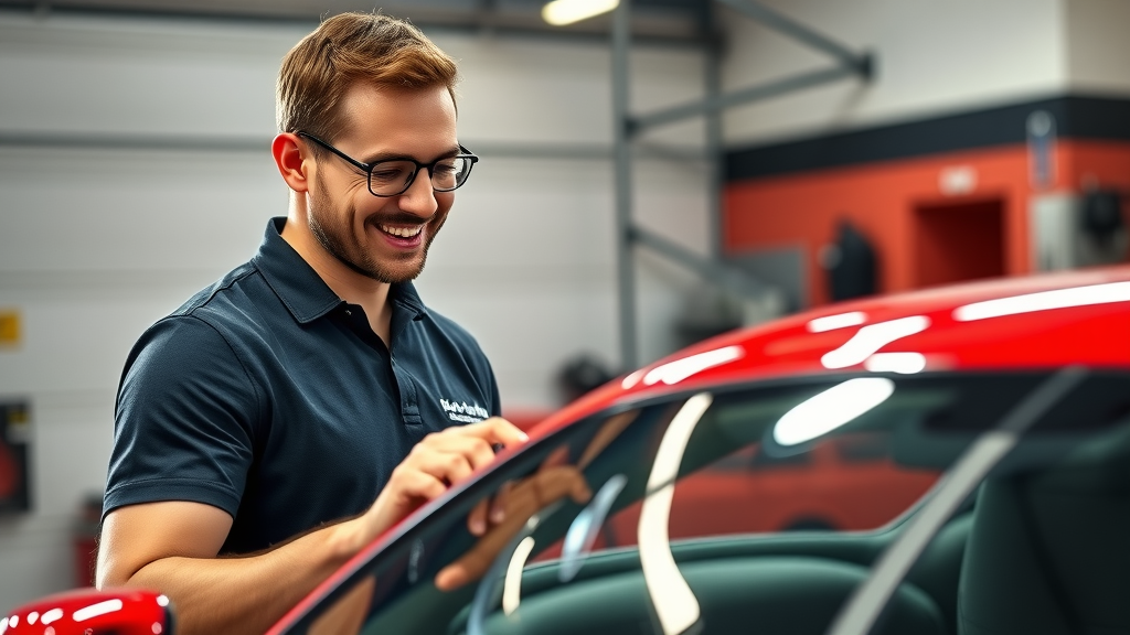 Confident car owner admiring glossy red sports car after California detailing and paint protection. Paint protection California detailing.