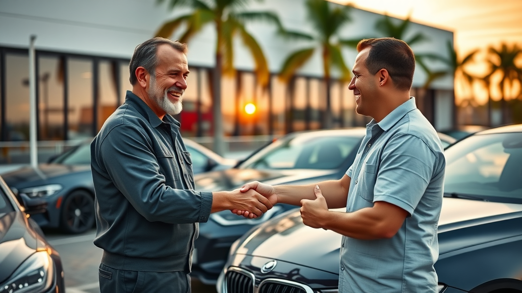 Happy car owner with ceramic pro coated vehicle, handshake with professional detailer, Orange County dealership, sunset