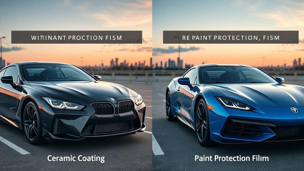 side-by-side comparison of cars with ceramic coating and paint protection film in urban parking lot