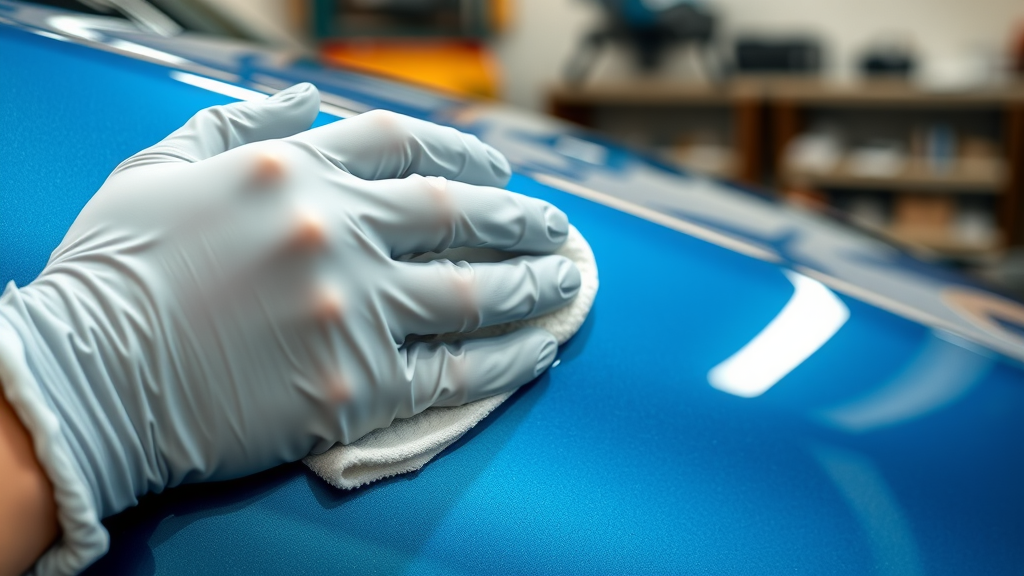 Close-up of gloved hands applying ceramic coating to metallic blue car panel. Ceramic coating California.