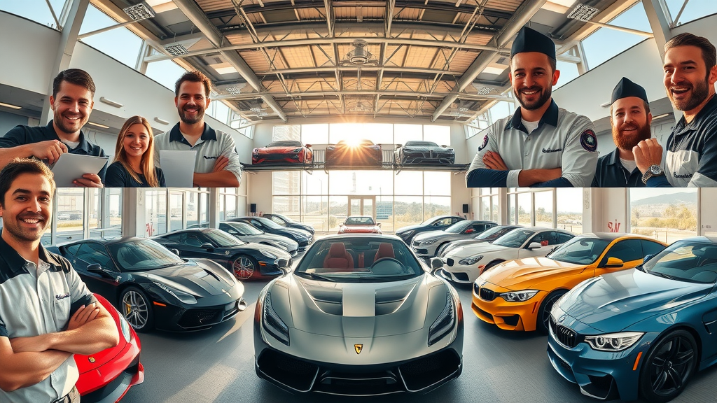 Collage of top-rated California auto detailing shops, smiling professionals, and luxury cars. California detailing.