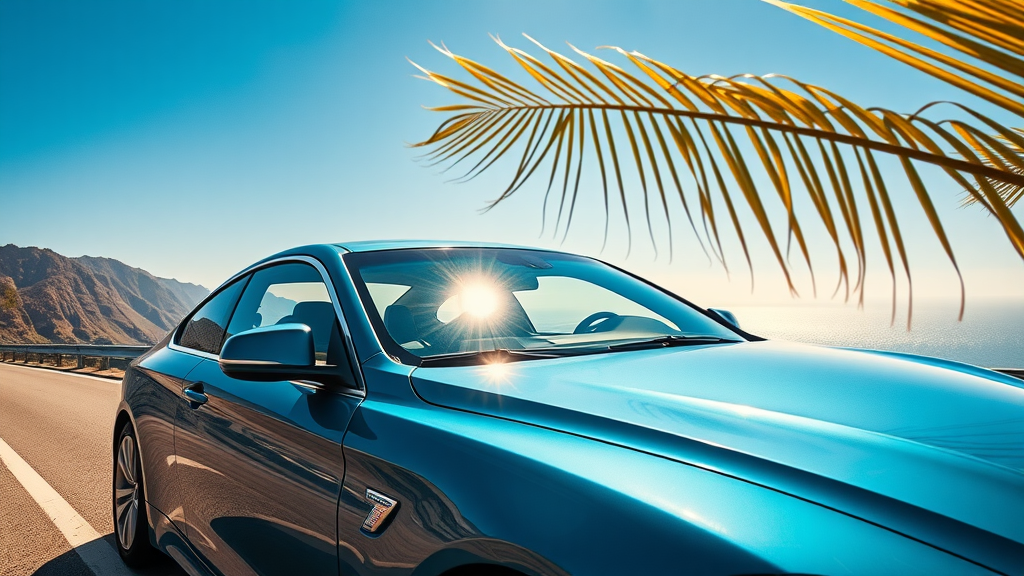 Sun-baked luxury sedan, slightly faded paint, parked along a scenic California coast highway. Protecting car paint in California.