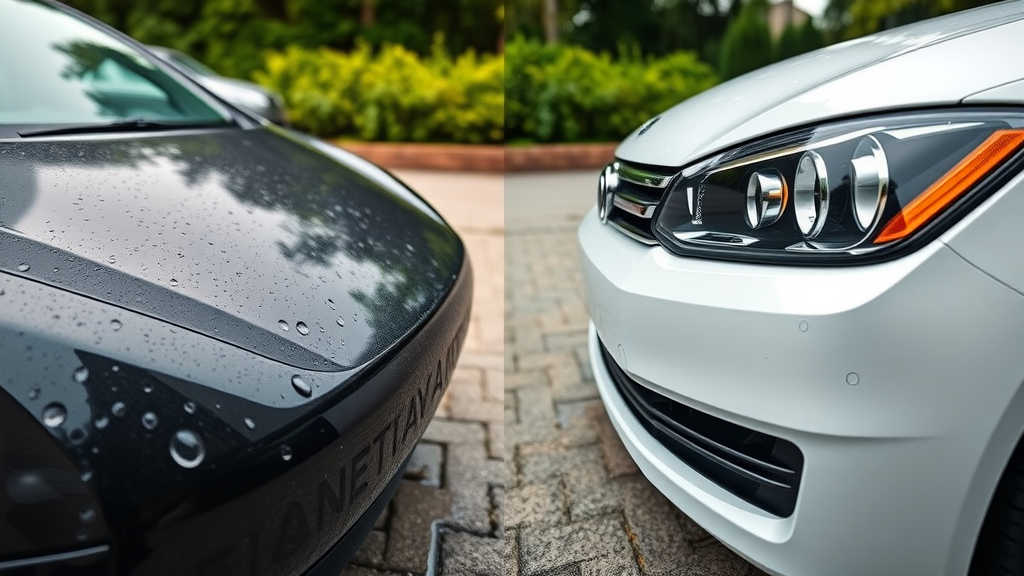 side-by-side comparison of car with ceramic coating and car with wax, showing water beading
