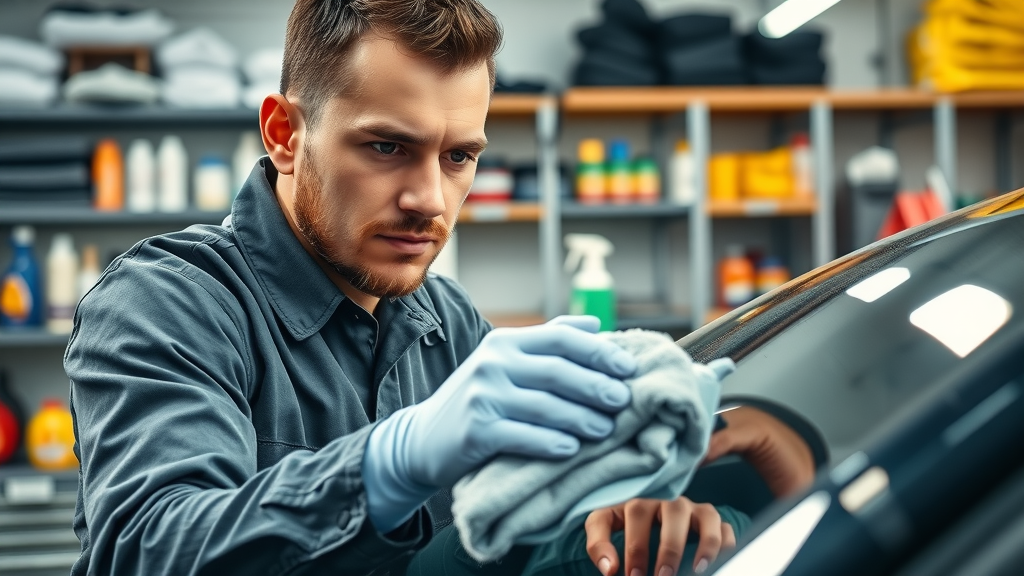 Car detailer preparing for car ceramic coating process using microfiber towels and detailing products in a well-lit workshop