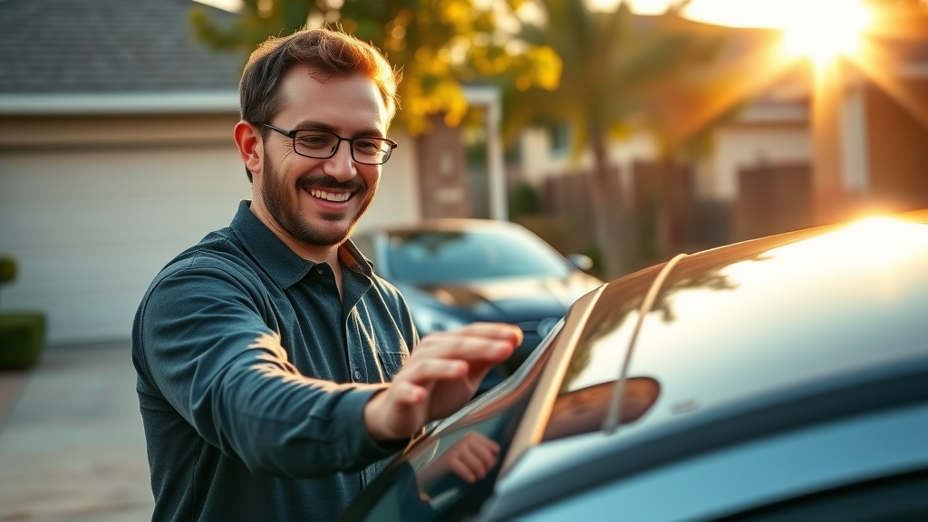 Happy Orange CA resident admiring auto detailing Orange CA results in sunlit driveway