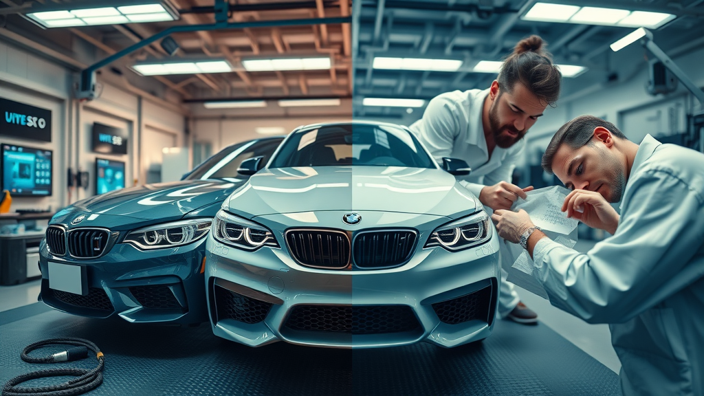 Split-image of DIY versus professional ceramic coating application showing the car ceramic coating process in contrasting garage environments