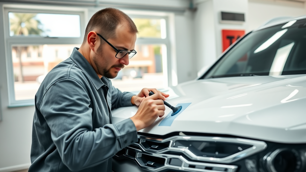 Technician applying paint protection film to white SUV, California auto detailing service. Paint protection film.