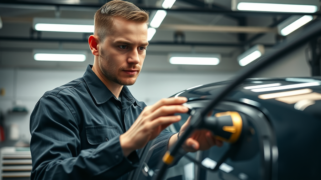 professional auto detailer inspecting glossy car, ceramic coating application, expert insights, workshop setting