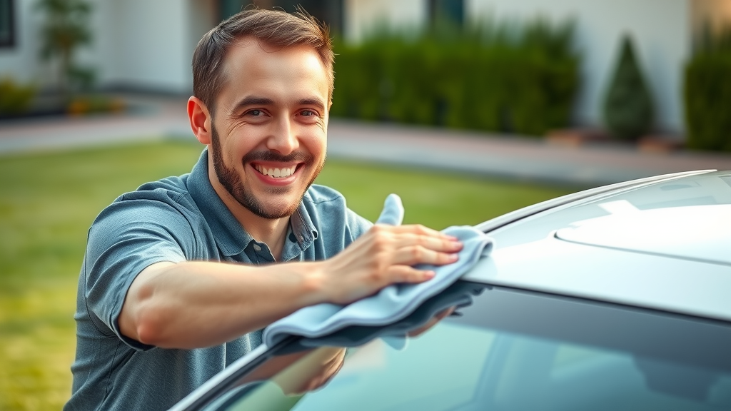car owner easily wiping car surface after ceramic coating, easy maintenance, benefits, suburban background