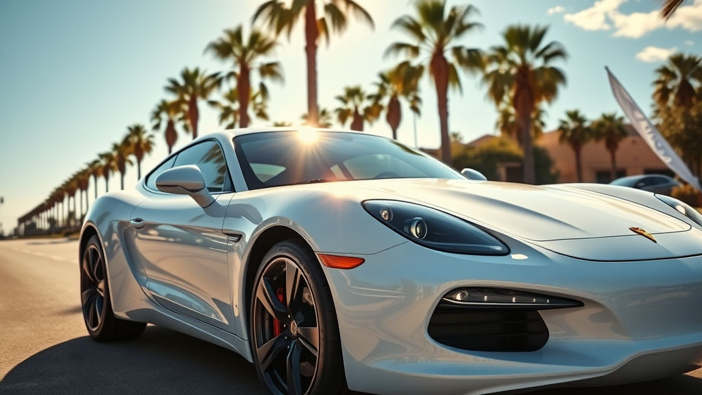 ceramic coating Orange County car pristine under sunlight, shining paint, palm-lined street