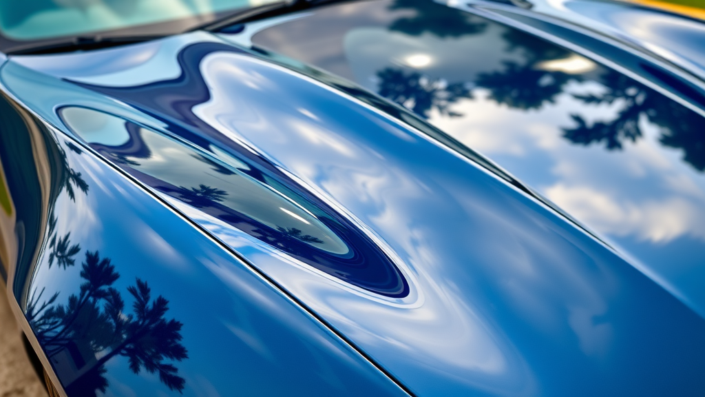 Glossy sports car showcasing car ceramic coating process with water beading on the surface and high-end finish