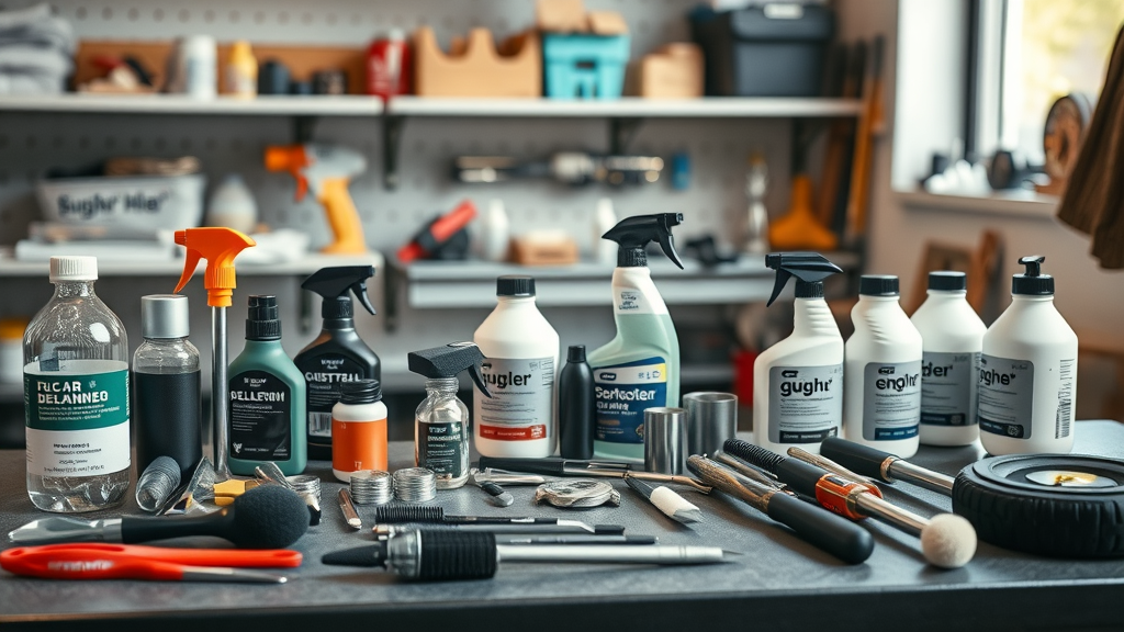 Organized car ceramic coating process tools including microfiber towels, coating bottles, applicator pads, and isopropyl alcohol on a workshop bench