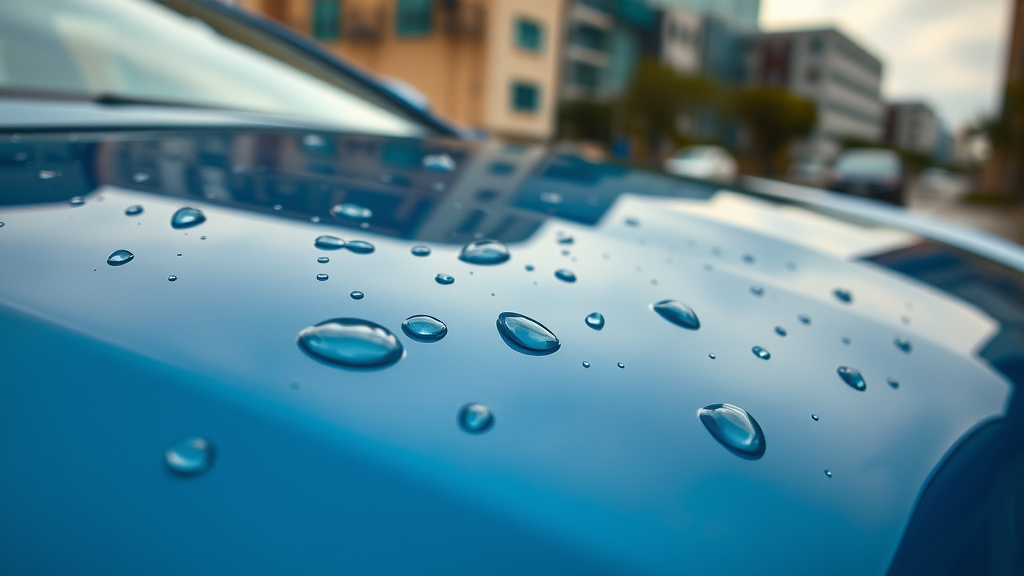 modern car surface, gleaming with flawless shine and water-beading effect, benefits of ceramic coatings, urban background
