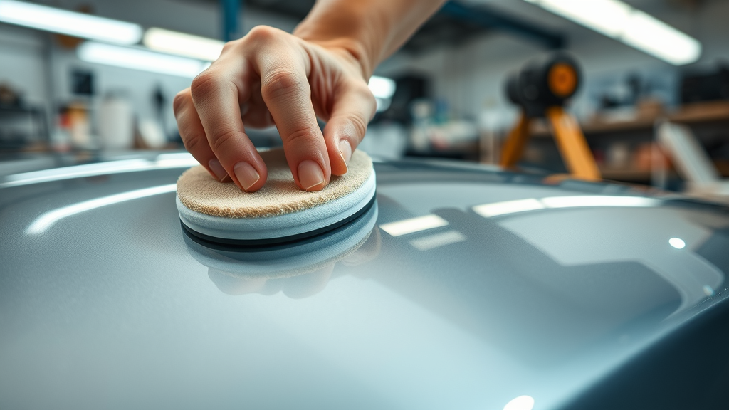 close-up application of ceramic coating with applicator pad, car surface care, maintenance tips