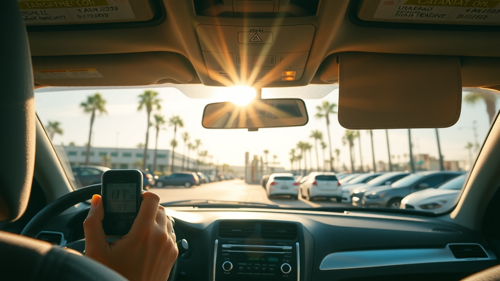summer auto detailing orange ca - vivid parked car interior with high cabin temperature, digital thermometer, and palm trees visible in Orange County