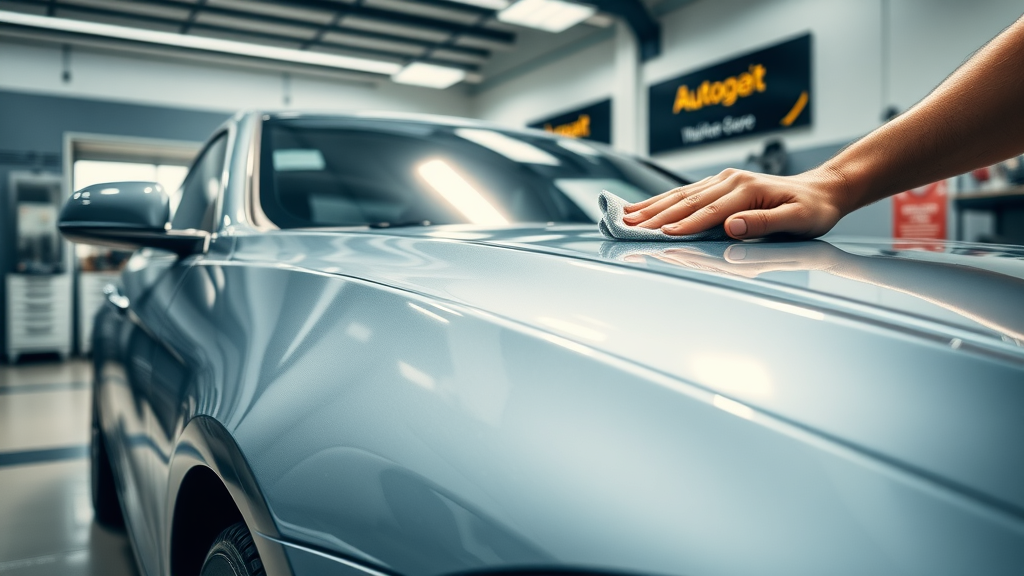 car detail orange county - clean luxury car at auto detail shop with sunlight reflecting, technician performing hand wash