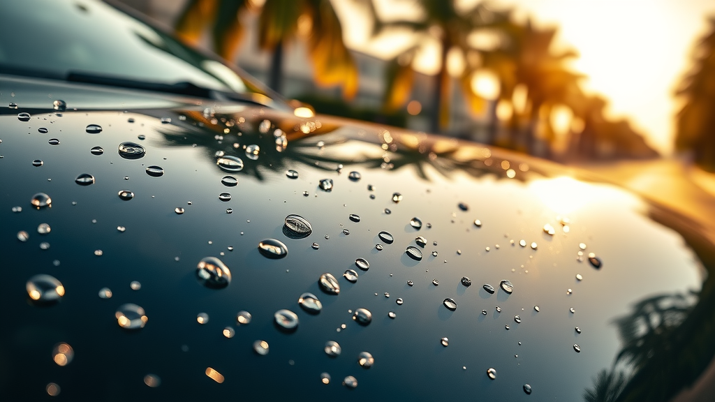 ceramic coating orange county - macro shot of ceramic coated car with water beads, palm trees and sunlight in Orange County