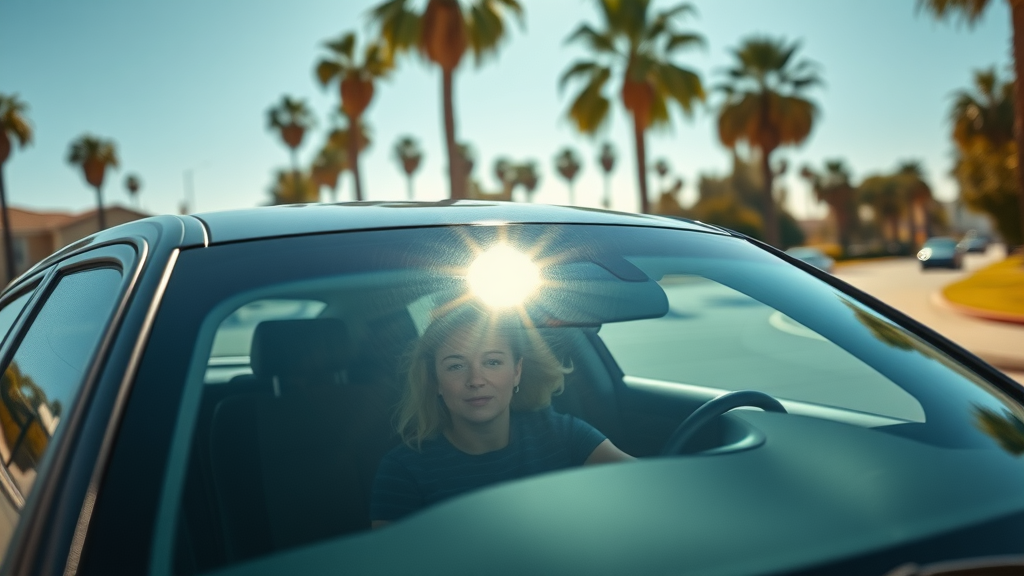 window tint orange county - sedan with tinted windows, driver shielded from sunlight, heat haze in Orange County