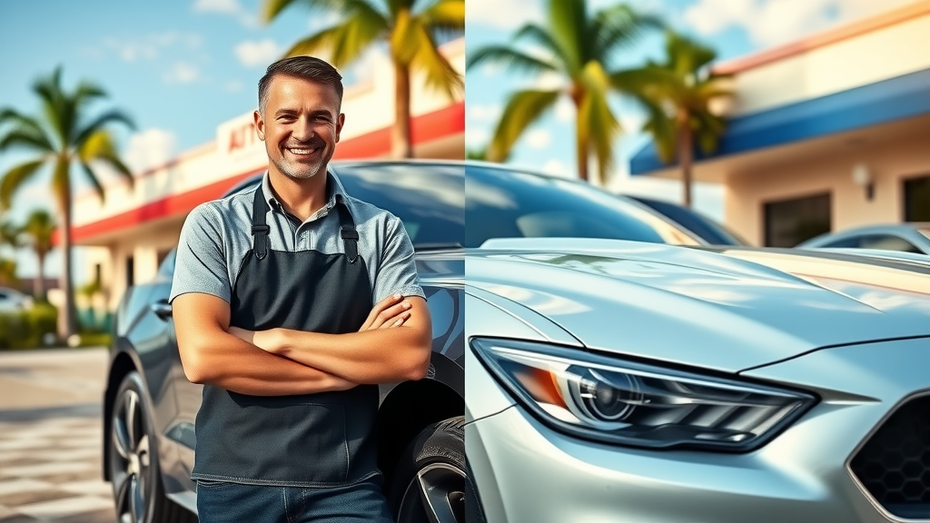 auto detailing orange county - car owner with freshly detailed auto, before and after split, palm trees, summer sky