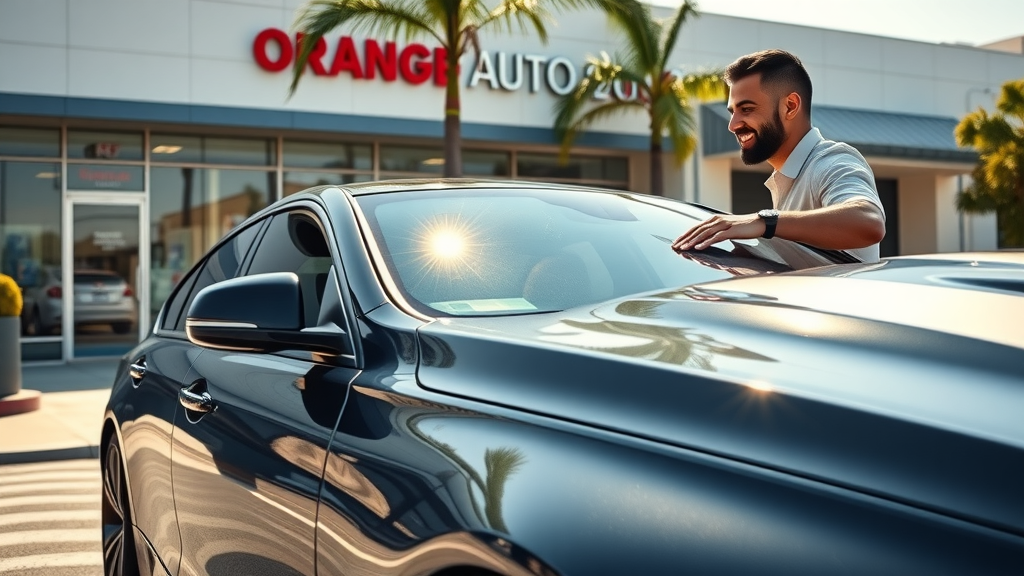 Sleek, freshly detailed luxury sedan in front of a modern Orange County auto detailing shop with palm trees, representing car detailing services orange california