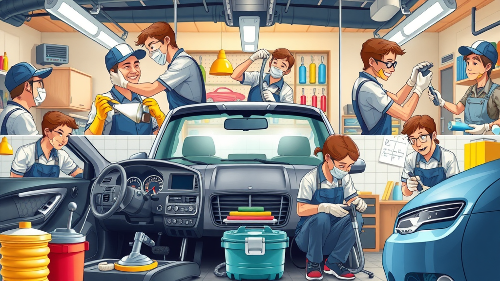 Collage of professional auto detailers at work in Orange County, showing interior and exterior car detailing services