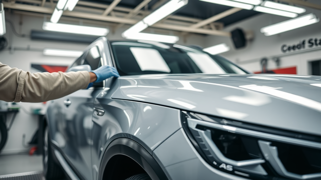 Technician applying ceramic coat to luxury SUV in Orange County auto detailing shop