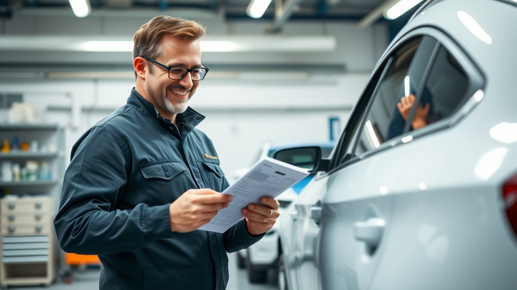 Car detailing technician inspecting a spotless vehicle with a checklist in a clean Orange County shop, ensuring customer satisfaction
