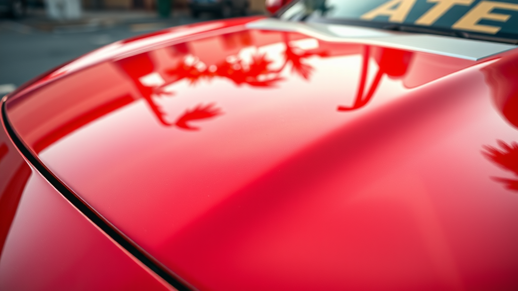 Close-up of gleaming car hood after expert paint correction, reflecting Orange County driveway