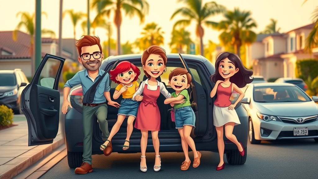 Happy family stepping into their freshly detailed car on a sunny Orange County street