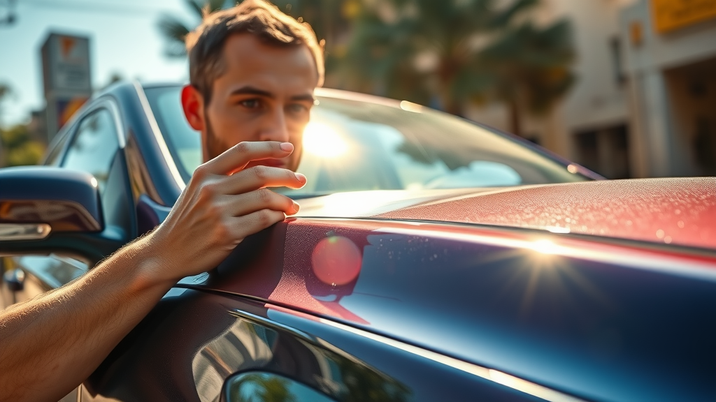 vibrant shiny car parked under harsh summer sunlight, car owner inspects fading paint, concern, examining car