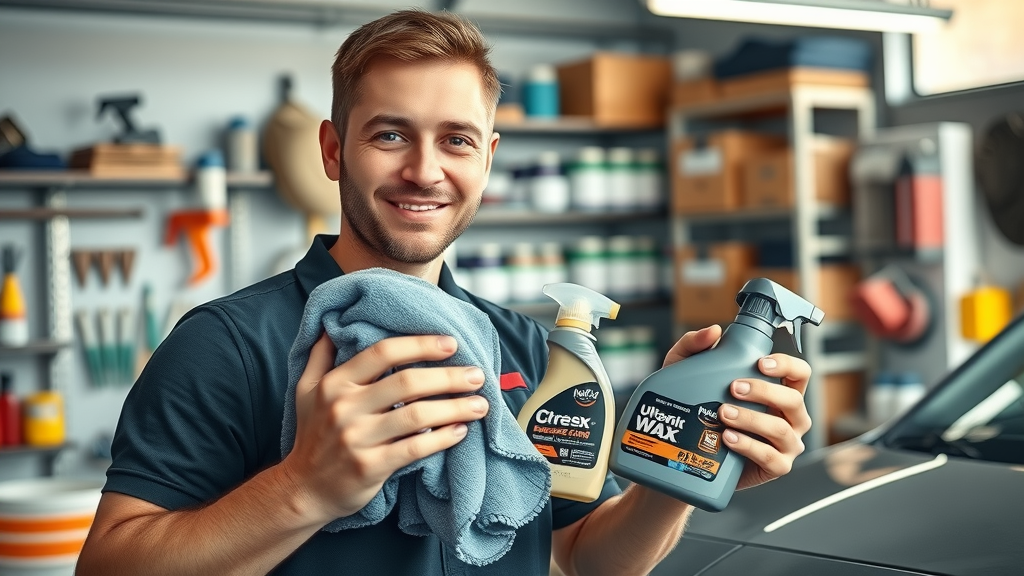 neat layout of auto detailing tools and products, cheerful technician holds microfiber towels and wax bottles, confident, arranging detailing tools, Photorealistic High Fidelity Lifelike, clean garage with organized shelves in the background, highly detailed, slight lens flare from open window, rich color contrast, soft diffused lighting, shot with a 35mm lens.