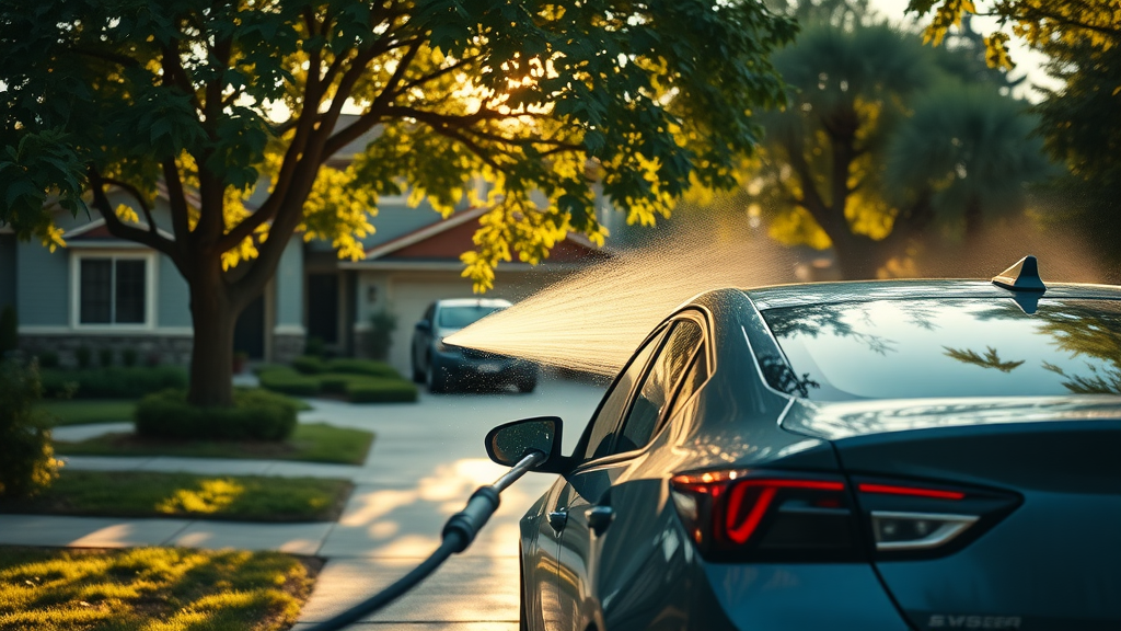 peaceful suburban driveway with car parked in deep shade, relaxed owner starts washing in early morning, focused, gently spraying car, Cinematic, leafy green trees casting cool deep shade, highly detailed, visible morning dew, soft pastel colors, warm golden hour light, shot with a 24mm lens.