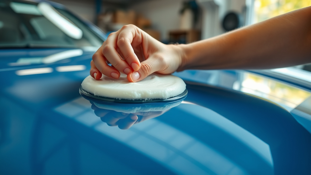 close-up photorealistic hands applying UV-protectant wax on glossy car hood, satisfied expression reflected in paint, careful circular motion, Photorealistic High Fidelity Lifelike, backdrop of shaded garage bay with natural daylight filtering, highly detailed, wax glistening on surface, rich blue and white tones, soft natural lighting, shot with a macro lens.