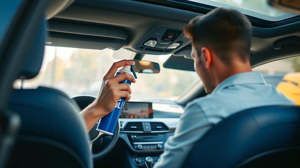 well-maintained luxury car interior, focused person applies UV-protectant spray to dashboard, attentive, cleaning dashboard methodically, Photorealistic High Fidelity Lifelike, cool blue leather seats and digital panel in background, highly detailed, sunlight diffused by windshield sunshade, elegant black and blue color palette, ambient daylight, shot with a 35mm lens.