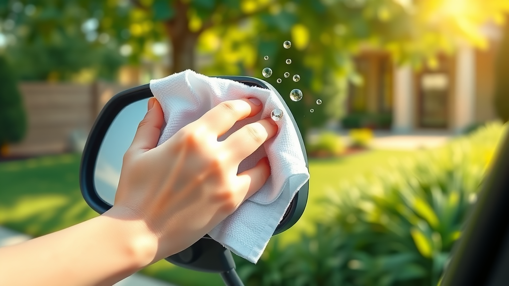 detailed view of hands gently wiping water spots off car side mirror, calm, using soft microfiber towel, 2D Cartoon, lush driveway with green garden background, highly detailed, individual water droplets visible, pastel vibrant palette, bright midday sun filtered through tree leaves, shot with a close-up perspective.
