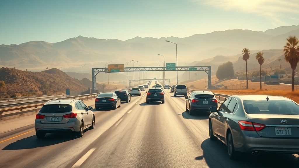 Scenic Orange County freeway packed with cars under bright sun, showing road heat shimmer—a typical challenge for summer car care orange california
