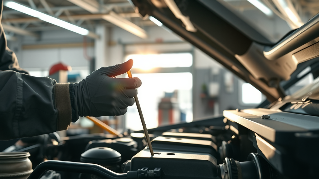 Mechanic performs oil change in an Orange County auto repair shop, gloved hands with oil dipstick showing summer car care orange california in action